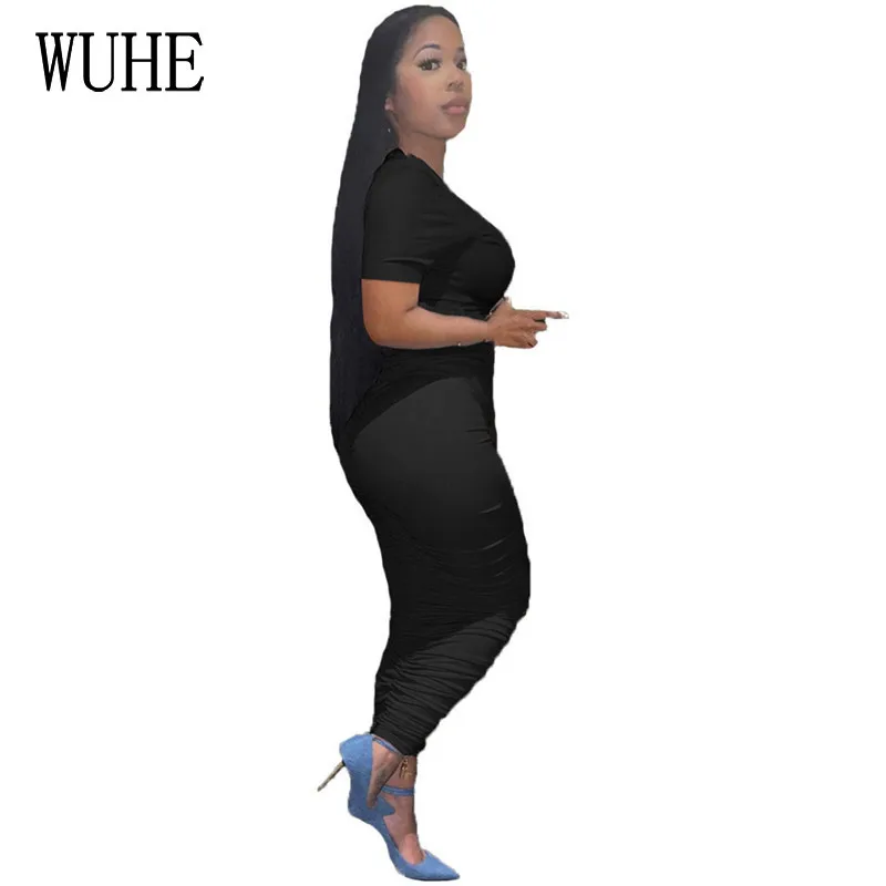 

WUHE Party Casual Two Piece Suits O Neck Short Sleeve Top Package Hip Pleated Skinny Skirts Nightclub Elegant Women Streetwear