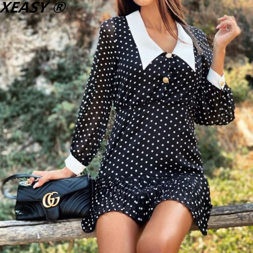 

XEASY 2021 женское платье, Черное мини-платье в горошек, женская одежда, винтажные милые платья с длинным рукавом и подолом с оборками