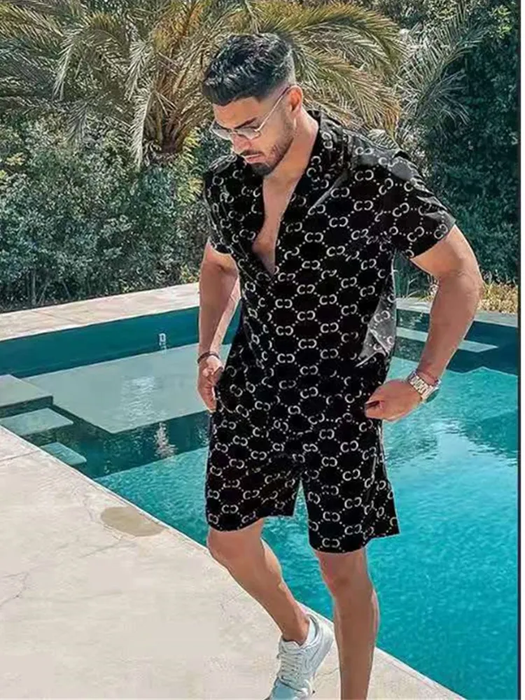 

Hot sale Men Hawaiian Sets Printing 2021 Summer Short Sleeve Button Shirt + Beach Quick-drying Shorts Casual Mens Suit 2 Pieces