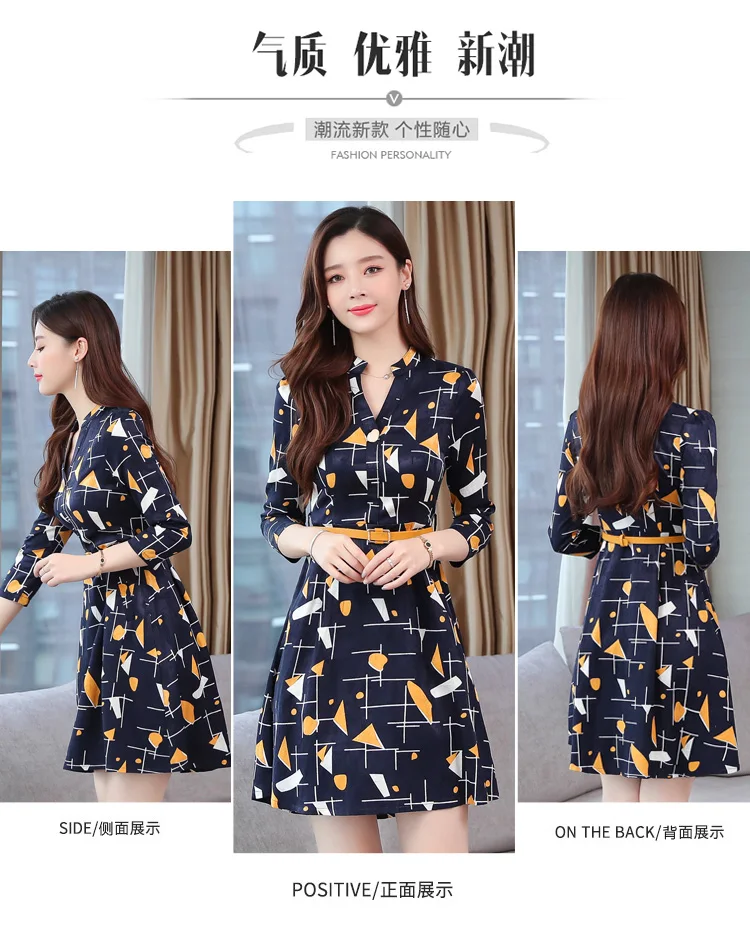 Vintage Print Chiffon Long Sleeve Mini Dress Autumn Winter Chic Plus Size Women Bodycon Dress Elegant Femal Party Vestidos