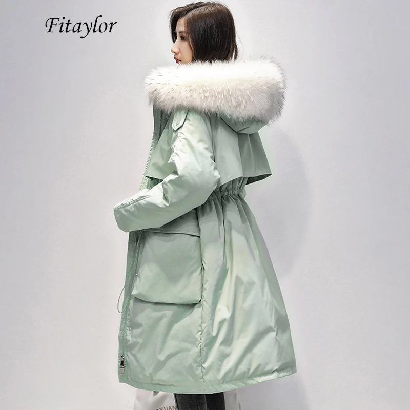 

Fitaylor Large Natural Fur Collar Long Coat Women Winter 90% White Duck Down Parka Female Zipper Sash Tie Up Down Jacket Outwear