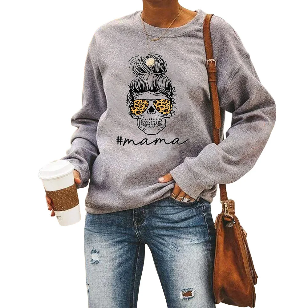 

Popular women's sweater #mama skull leopard print glasses round neck long sleeve sweater