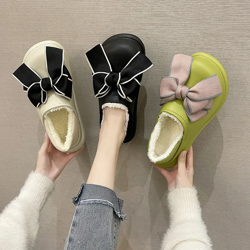 

Women Waterproof 2022 Winter Plush Slippers Home Warm Shoes Indoor Out Leather Cotton Shoes Unisex Men Slippers Chaussure Femme