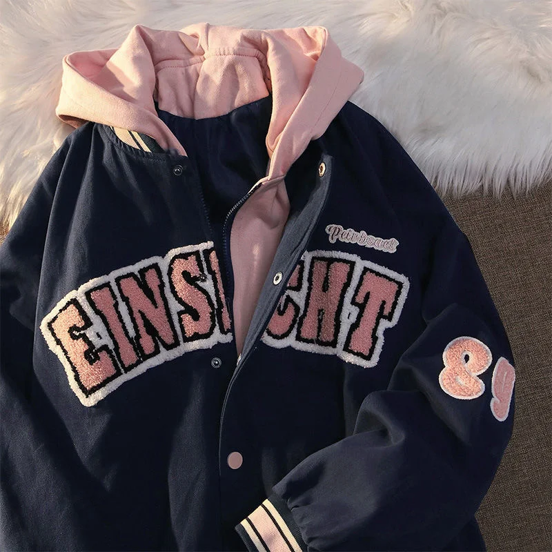 

New Trendy Fashion Letter Printing Embroidered Baseball Uniform Female Couple Retro Harajuku Loose American Street Jacket Women