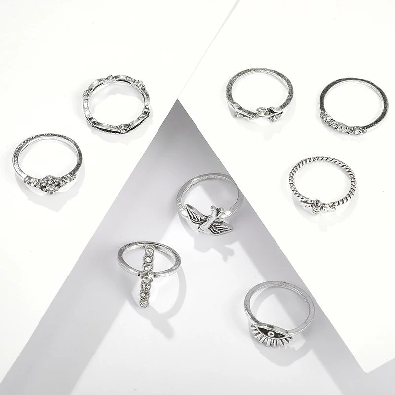 docona 9pcs/1set Retro Silver Color Bird Eye Bee Leaf Knuckle Ring Set for Women Girl Crystal Carving Geometric Rings 5344 | Украшения и