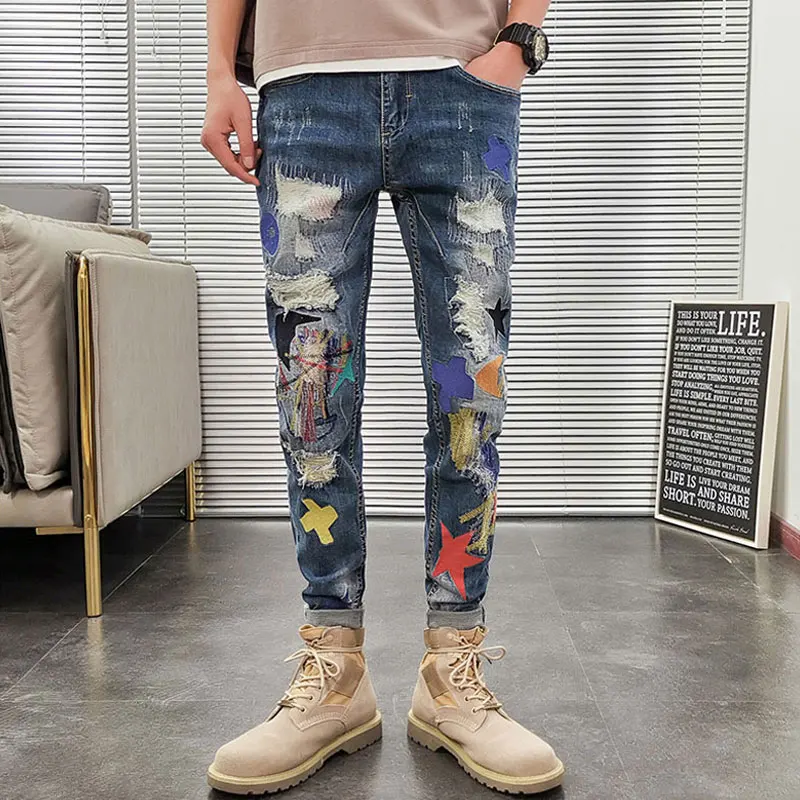 Streetwear Fashion Men Jeans Elastic Slim Fit Destroyed Ripped Jeans Men Embroidery Patches Designer Hip Hop Denim Punk Pants