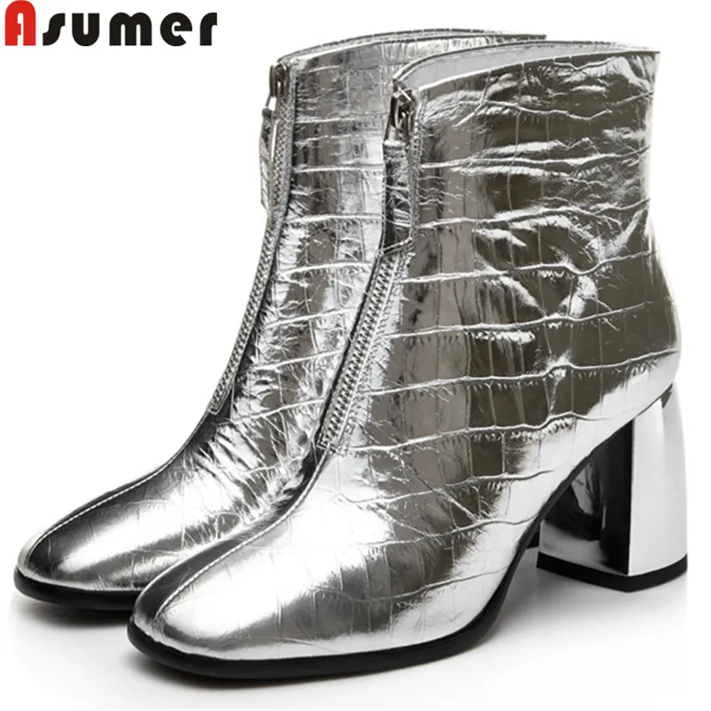 Женские ботильоны с квадратным носком ASUMER Черные из натуральной кожи на толстом