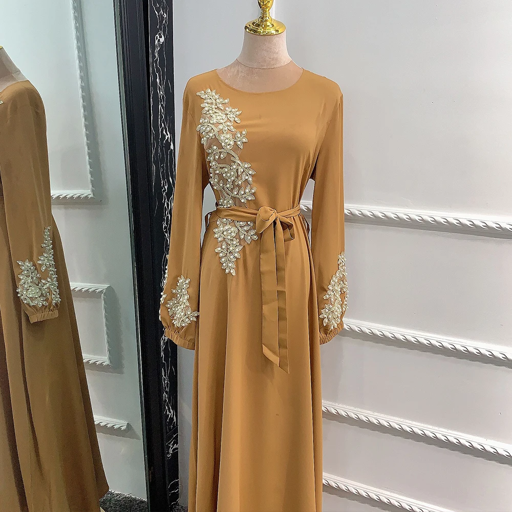 

Modest Muslim Hijab Dress Party Long Leaves Embroidery Beaded Maxi Dresses Moroccan Turkey Dubai Arabic Islamic Women Clothing