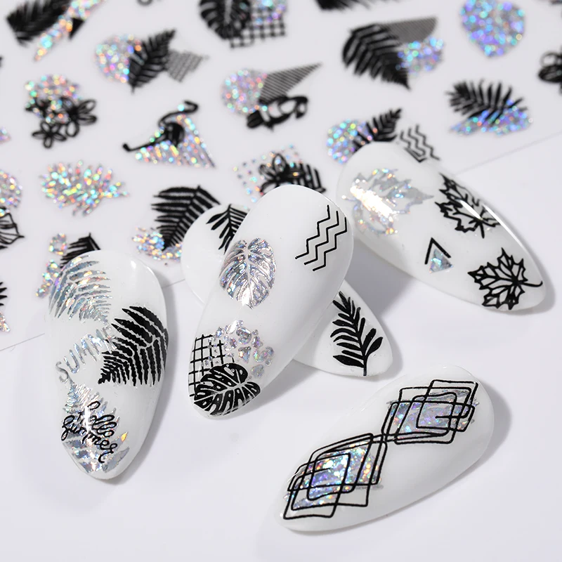 2021 New Black White 3D Nail Sticker Summer Leaves Tree Geometric Lines Pattern Adhesive Transfer Sticker DIY Nail Decoration
