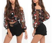 2021 sexy mesh tank top embroidery floral women sheer summer lace off shoulder shirt see through crop tops ladies casual top