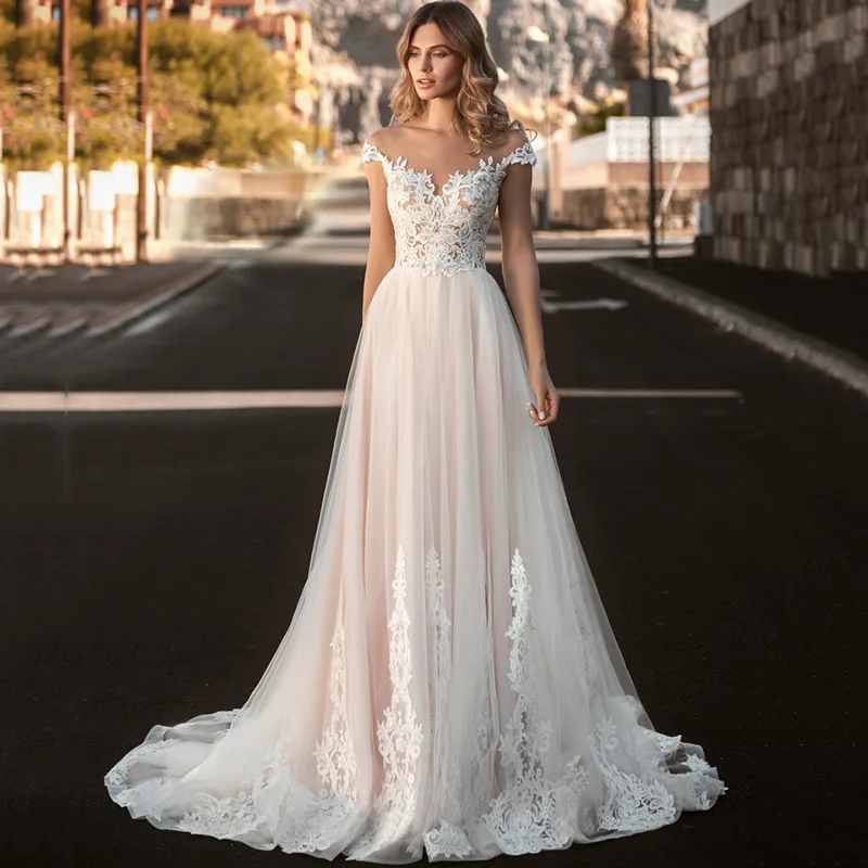 

Vestido de Noiva 2021 Vintage Wedding Dresses Cap Sleeve Rustic Bride Dress O Neck Pink Lace Country Wedding Gowns