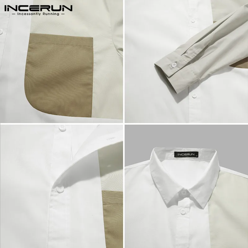 

2021 Spring Patchwork Long Sleeve Lapel Shirts INCERUN Men Leisure Turn Down Collar Blouse Casual Buttons Chemise Masculina 5XL