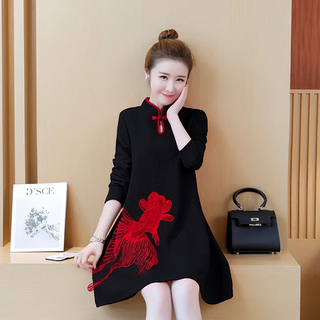 5XL осенне-зимнее мини-платье для женщин китайское теплое хлопковое платье с