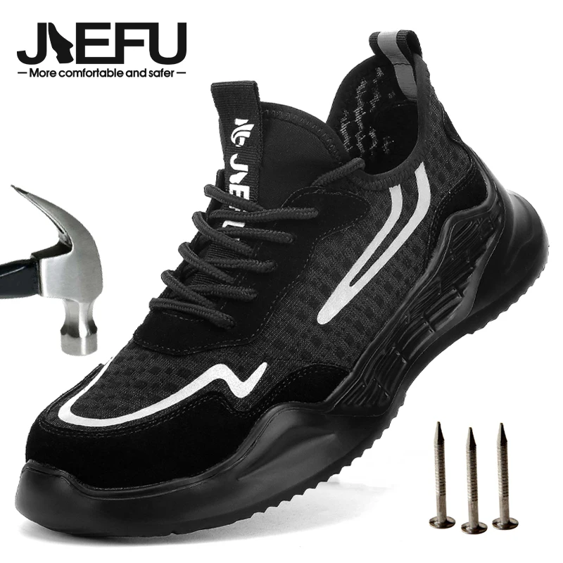 Защитная обувь JIEFU для мужчин, летние легкие дышащие сетчатые рабочие кроссовки со стальным носком, женская и мужская Строительная обувь