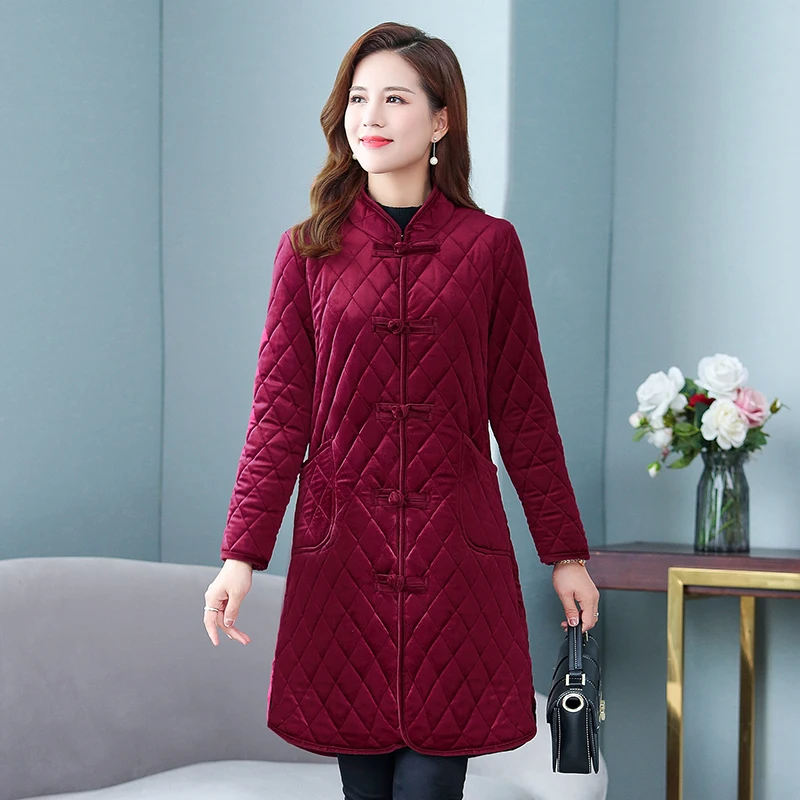 

Winter parka gold velvet cotton-padded coats womens long jacket 2019 Female Retro buckle quilted Thicken parkas mother coats 5XL