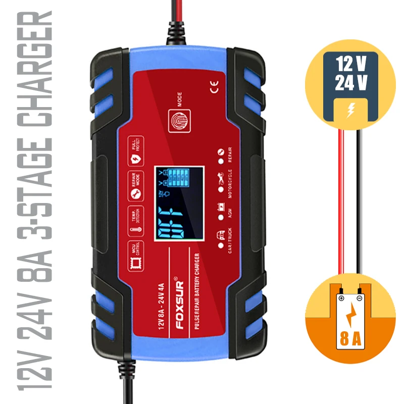 FOXSUR Automatic Smart Battery Charger for 12V 24V Pulse Repair Motorcycle AGM GEL WET EFB Lead Acid Car Accessories LCD Display