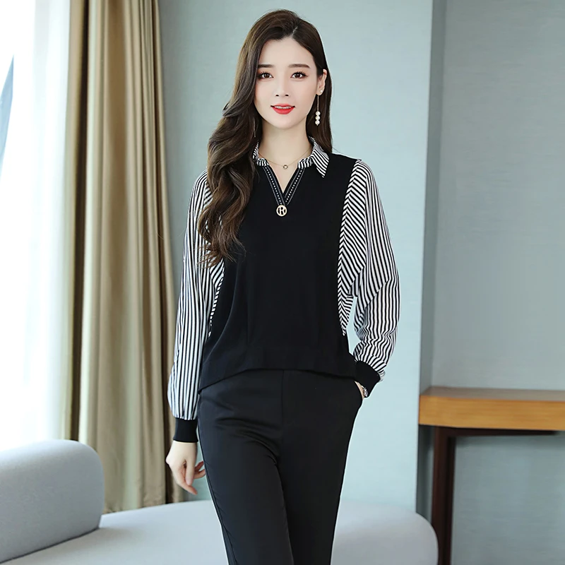 Весна 2020 зима новые блузки рубашки с длинным рукавом шифоновые топы черная