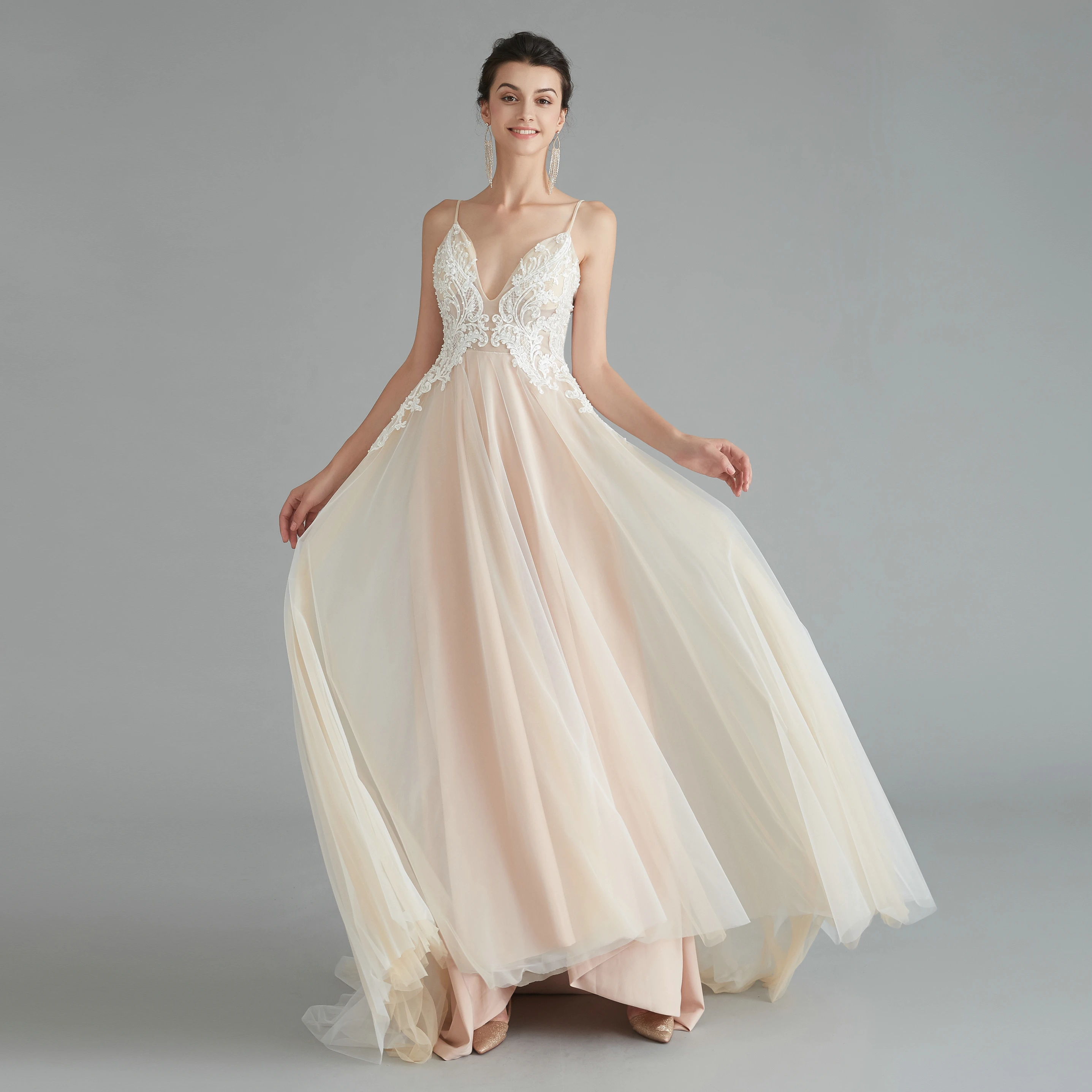 Сексуальное длинное платье для выпускного jaevini с V-образным вырезом Тюлевое на