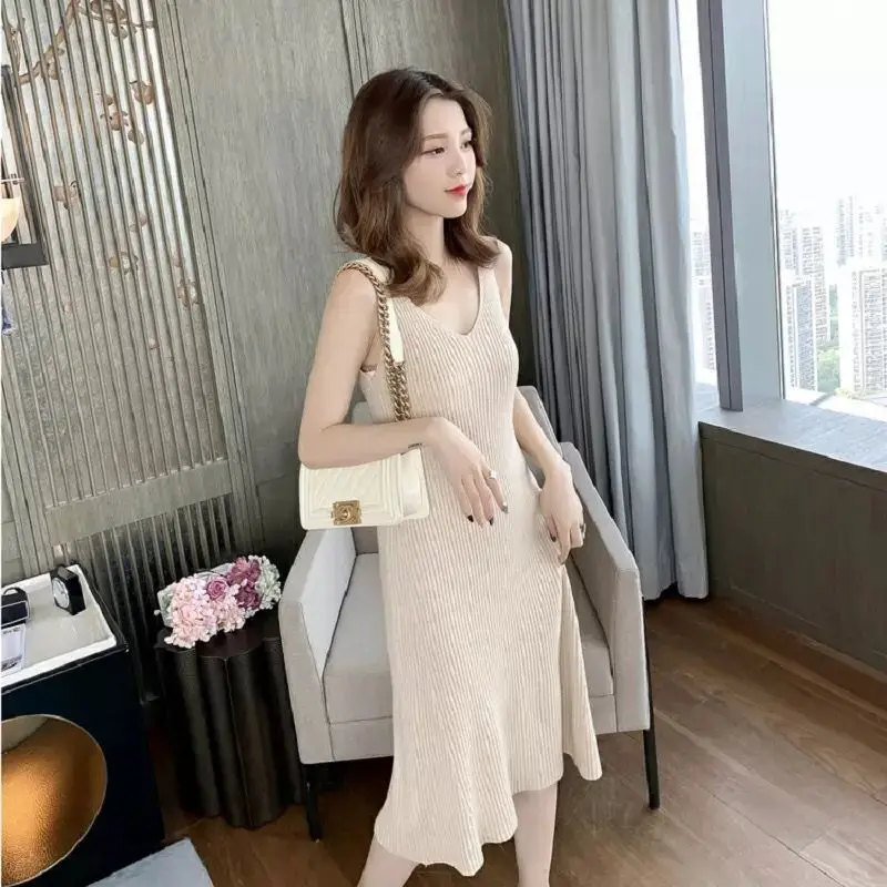 Women's Spring Summer Style Slim Dress knitted Sleeveless V-Neck Casual A-Line SS1206 | Женская одежда