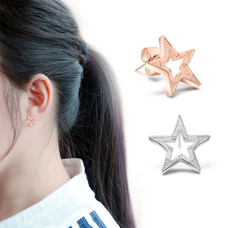 

TOSOKO Stainless Steel Jewelry Hollow Five Pointed Star Earrings Simple Female Stud Earrings BSF050