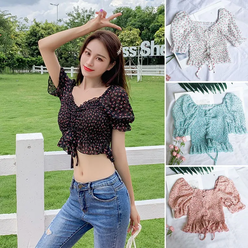 

Women's Clothes Ladies Sexsy Fashion Small Floral Print Square Collar Sexy Sweet Pleated Short Chiffon Shirt One Size