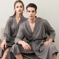 spring and summer couple nightgown solid color waffle cardigan three quarter sleeve robe one piece pic