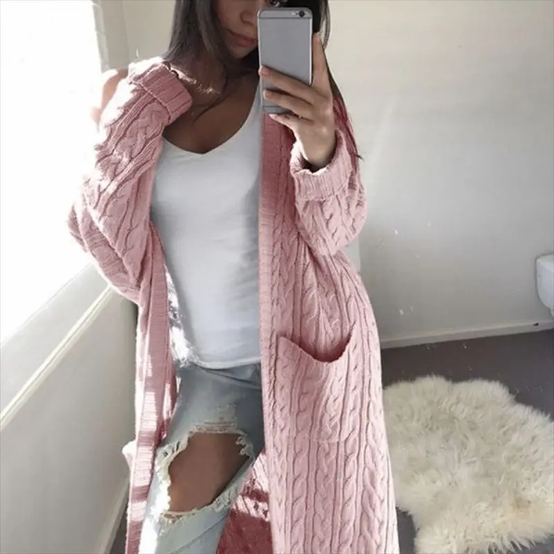 

2021 Long Sleeve Casual Sweater Winter Female Hemp Flowers Posket Coat Women Solid Color Stylish Long Knitted Sweaters Cardigans