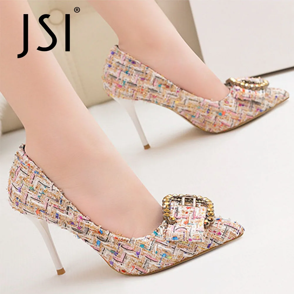 

Туфли-лодочки женские JSI, разноцветные, с металлической пряжкой, на тонком каблуке 9 см, с острым носком, VO652
