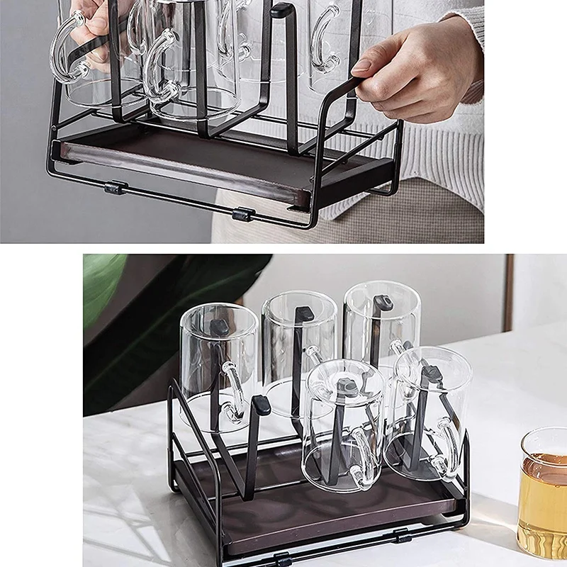 

HLZS-Cup Drying Rack Stand with Drain Tray, Metal Bottle Drying Organizer Stand with 6 Hooks