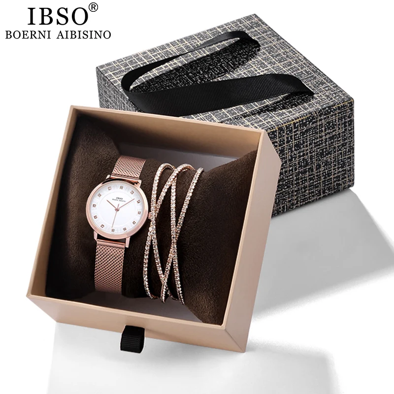 

IBSO Brand Women's Quartz Watch Bracelet Set Luxury Rose Gold Hours Rhinestone Bracelets Christmas Gift Crystal Bangle Watch Set