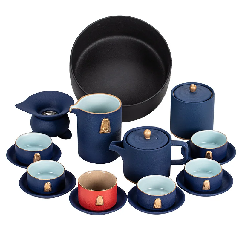 

Black pottery teapot Kung Fu tea set household creative gift box ceramic tea set living room retro teacup set
