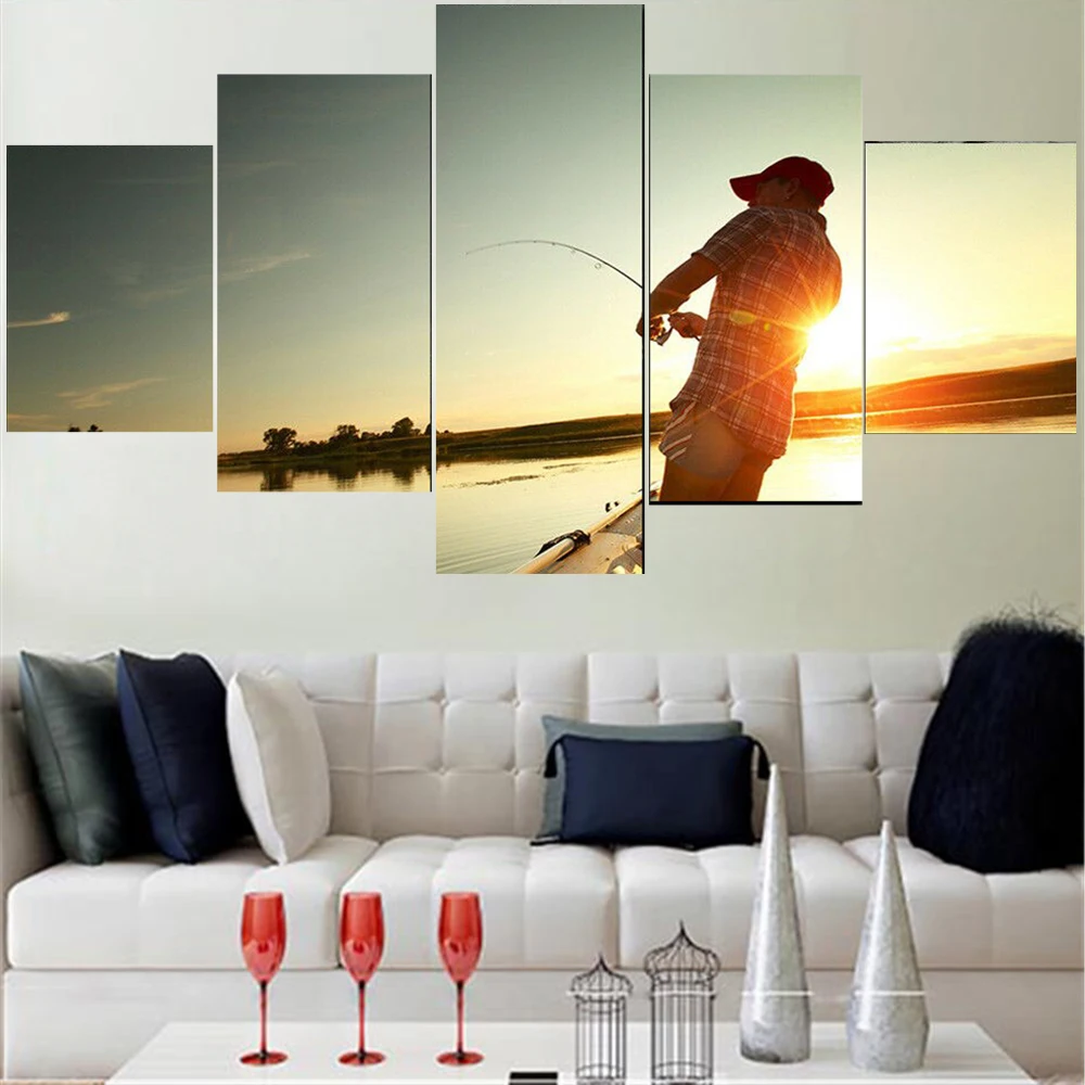 

5 Pieces Wall Art Canvas Painting Fishing Big Sunrise Home Decoration Pictures Modern Living Room Bedroom Modular Framework