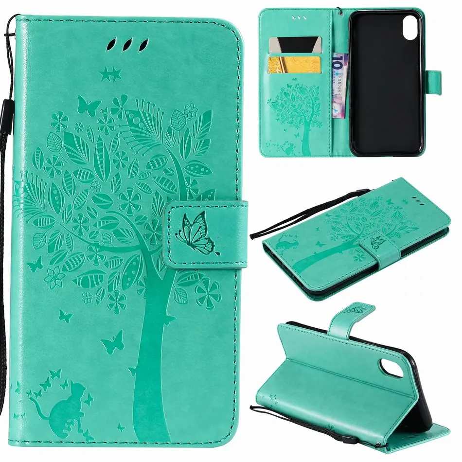 Green B Чехол-книжка с бабочкой, кошкой, деревом для iPhone 8, 7, 6, 6S Plus, X, XR, XS, 11 Pro Max, бумажник из искусственной кожи, сумки для телефона, чистый цвет, DP06Z - Цвет: Green B