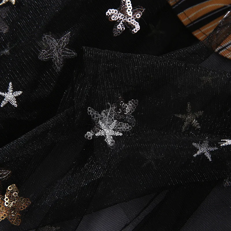 

European and American women's clothing 2020 summer new style Long-sleeved standneck gauze star sequin print Fashionable dress