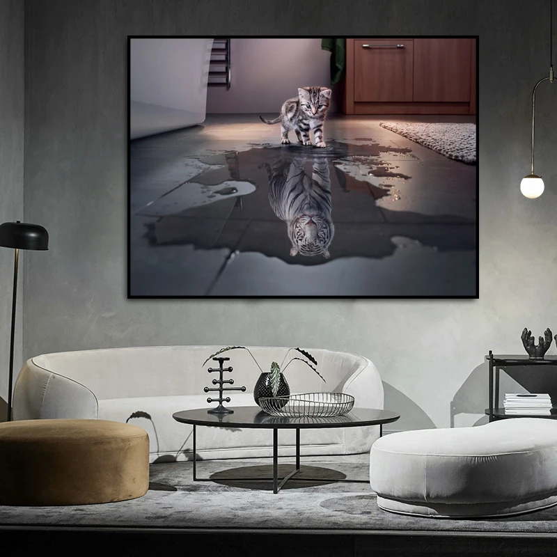 

Cat become tiger animal wall art Poster Canvas Wall Pictures for Living Room Posters and Prints Home Decor