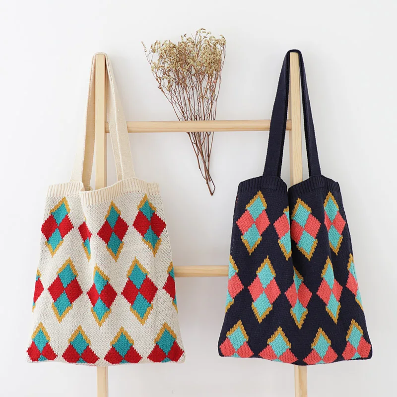 Вязаная крючком сумка-тоут с рисунком в виде ромбовидной решетки для подростков