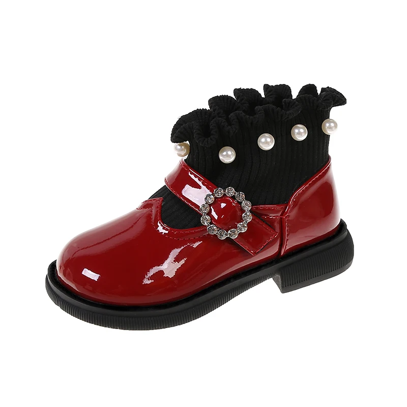 

Fashion White PU Leather Shoes Girls Low Heel Sock Boots Autumn Kids Shoes Beading Red Princess Leather Shoes For Girls Party