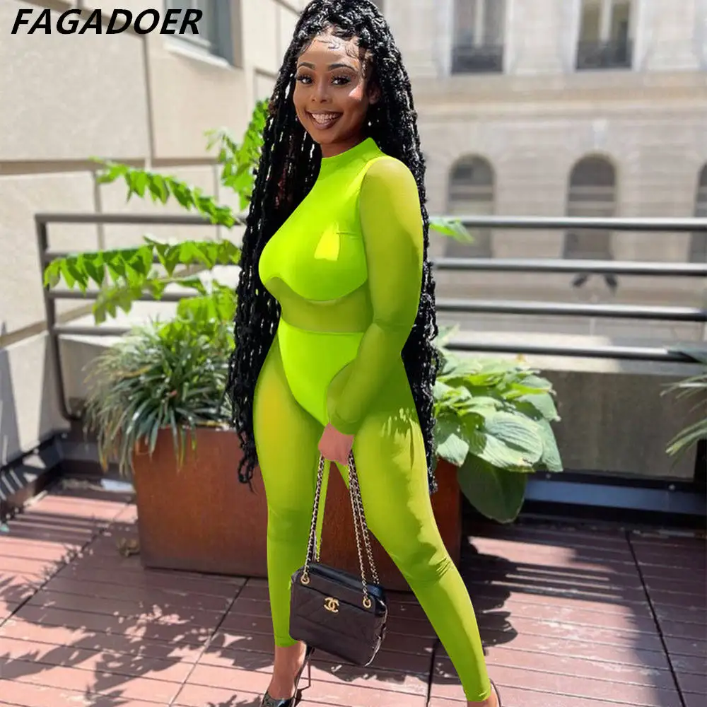 

Сексуальный сетчатый неоново-зеленый комбинезон FAGADOER с длинным рукавом, прозрачный комбинезон, женские комбинезоны, прозрачный комбинезон...
