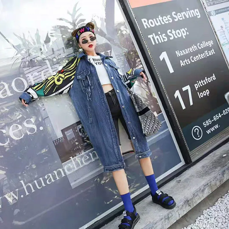Harajuku Cartoon Patchwork Windbreaker Girls Vintage Women Long Denim Trench Coat Woman Spring Autumn Jeans Casaco LT141S30 | Женская