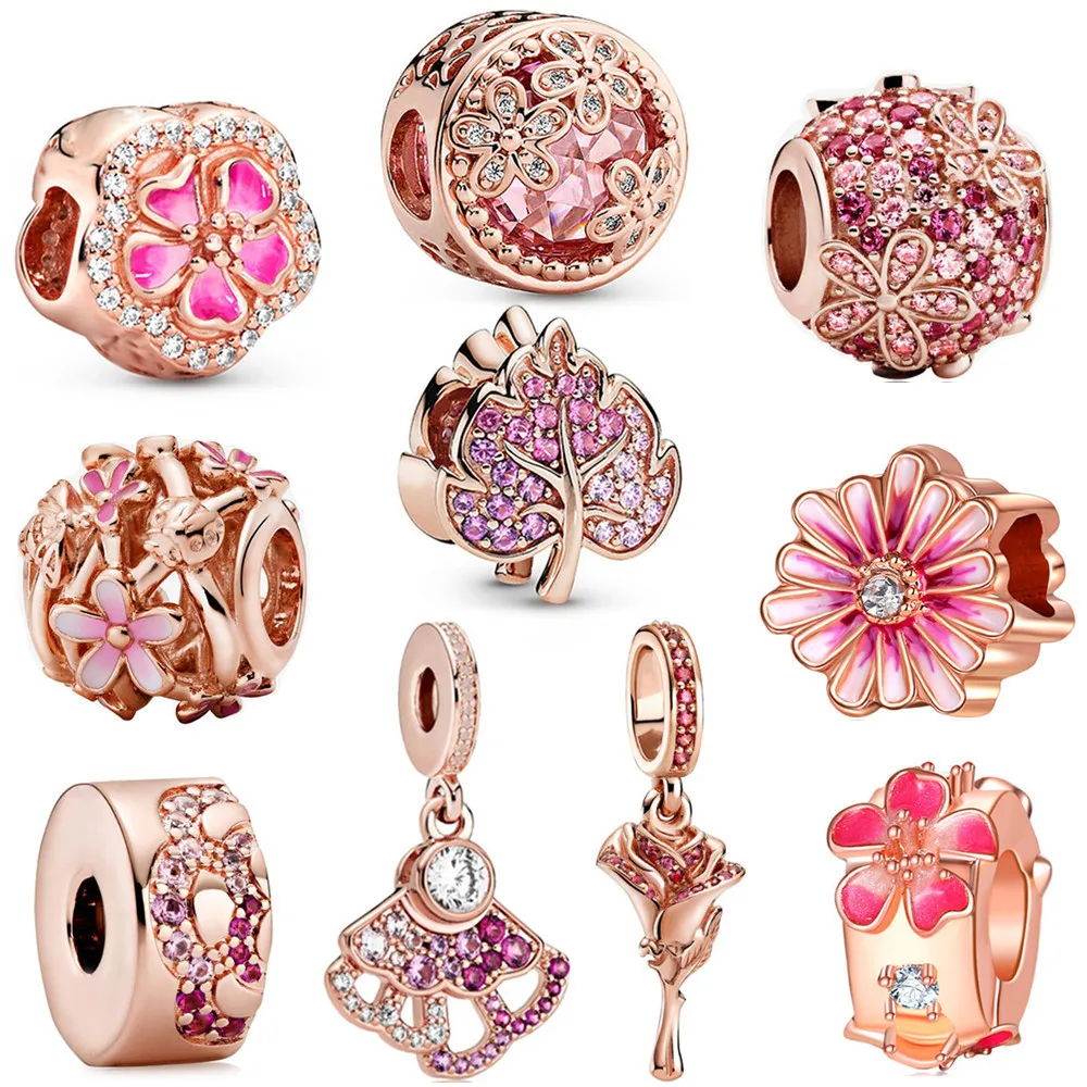 New Beautiful Rose Gold Flowers Pendant DIY Customized Beads Suitable for Original Pandora Charm Bracelet Ladies Jewelry Making