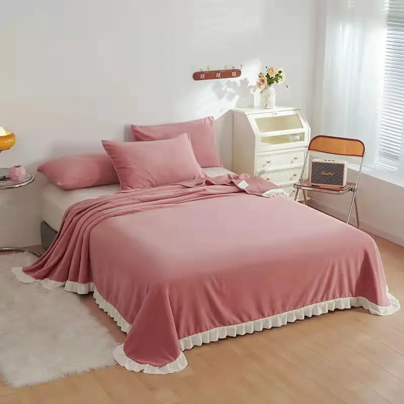 

Bedspread Coral Velvet Bed Cover Sheet Lace Solid Color Blanket Twin Queen Bedding
