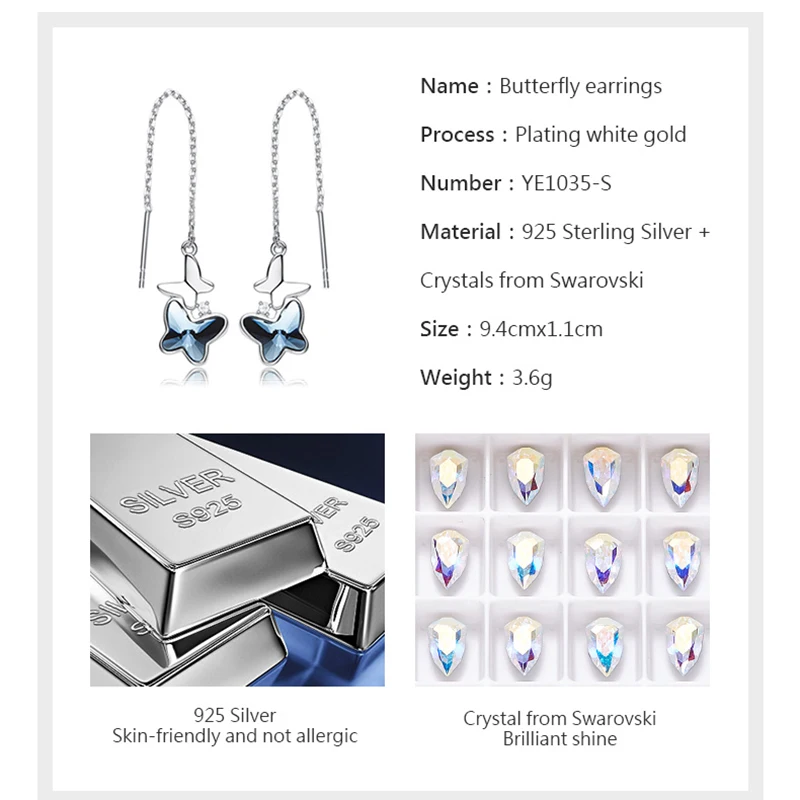 Женские серьги бабочки BOSCEN из стерлингового серебра 925 пробы с австрийским