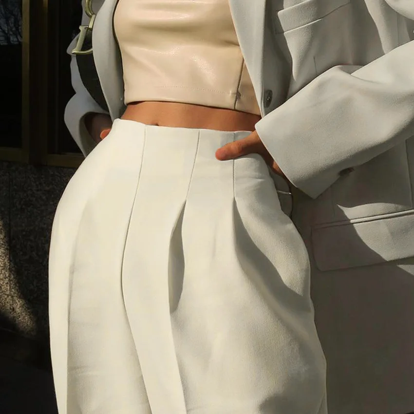 

Beige Office Pants Trousers Women Autumn High Waist Pants Ladies Pleated Pockets Elegant Ankle-Length Pants Fashion 2021