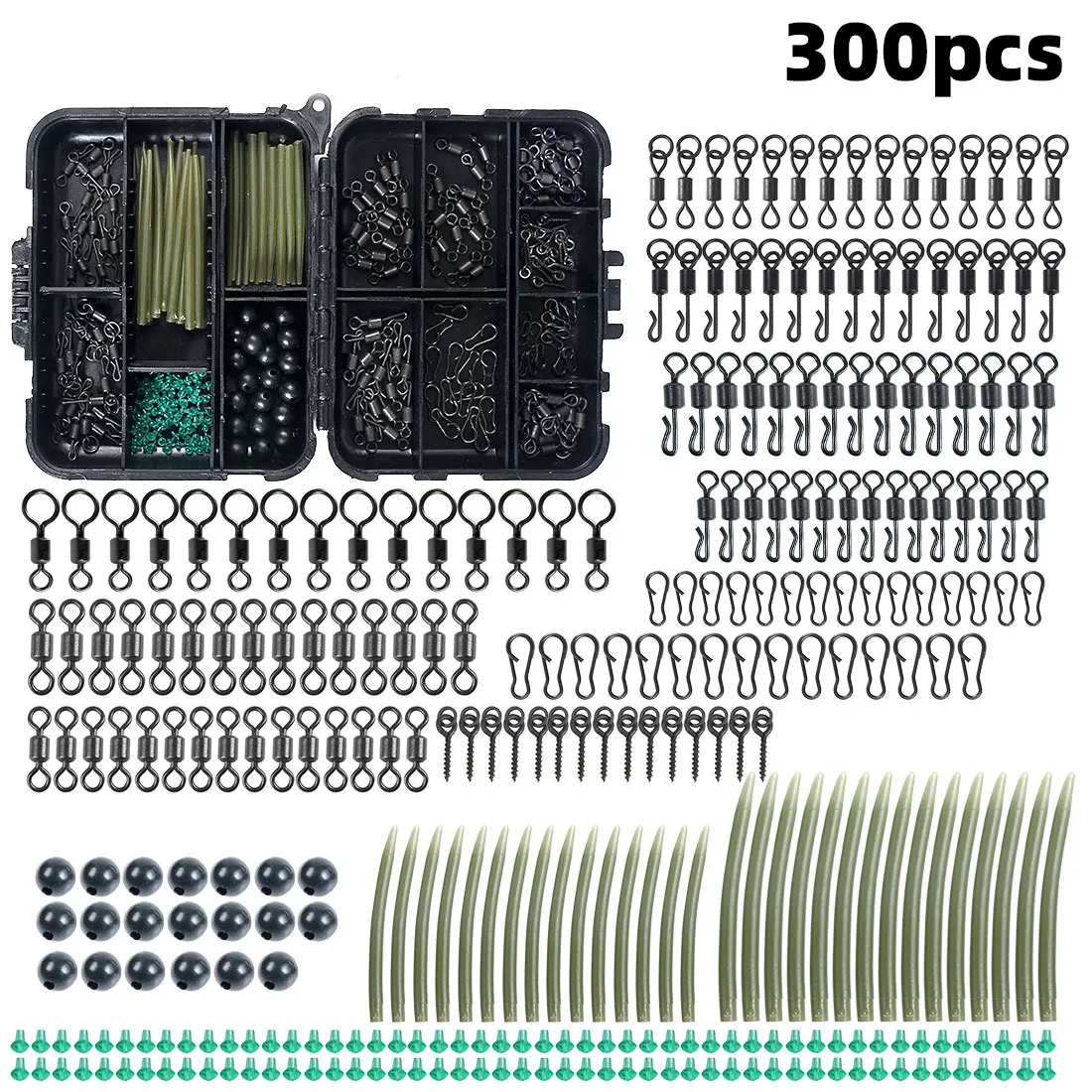 

300Pcs/Box Fishing Accessories Kit Including Anti Tangle Sleeves Hook Stop Beads Boilie Bait Screw Rolling Swivel Snaps