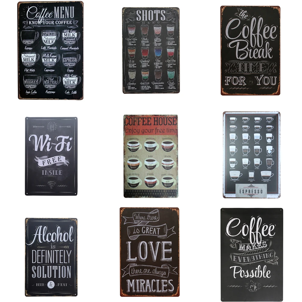 Кофейное меню для кафе-бара, паба, Настенный декор, металлический знак, винтажный домашний декор, жестяная вывеска, металлическая табличка в стиле ретро, металический плакат A751