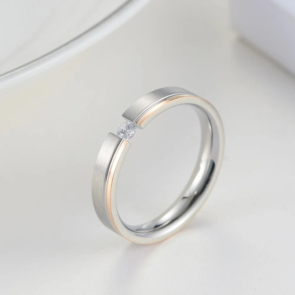 

Rings For Women Stainless Steel 4mm Elegant Simple Brushed Female Ring Rose Gold Inlaid Stone Wedding Women
