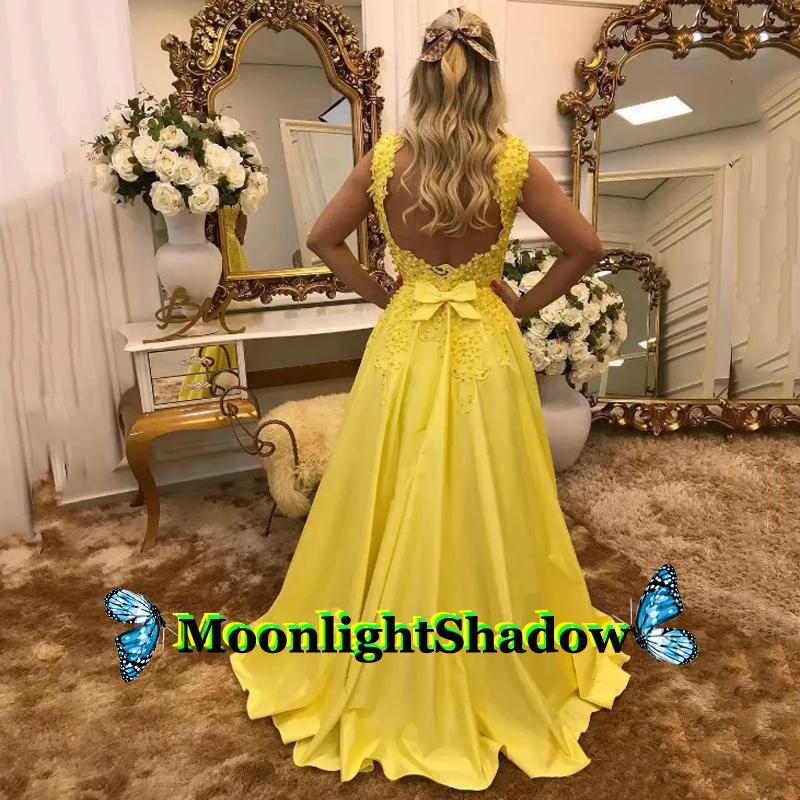 

Yellow Satin Aline Pearls Evening Dress Appliques Backless Dubai Arabic Saudi Arabian Vestidos De Festa Wedding Party Prom Plus