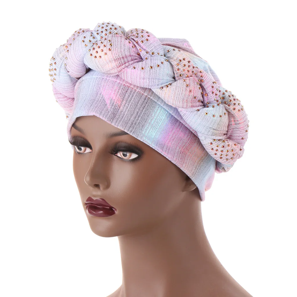 

2021 NEW Rhinestone Women Head Wraps Turban Africain Femme Glitter Elastic Braids Turbante Mujer Auto Gele Muslim Hijab Bonnet