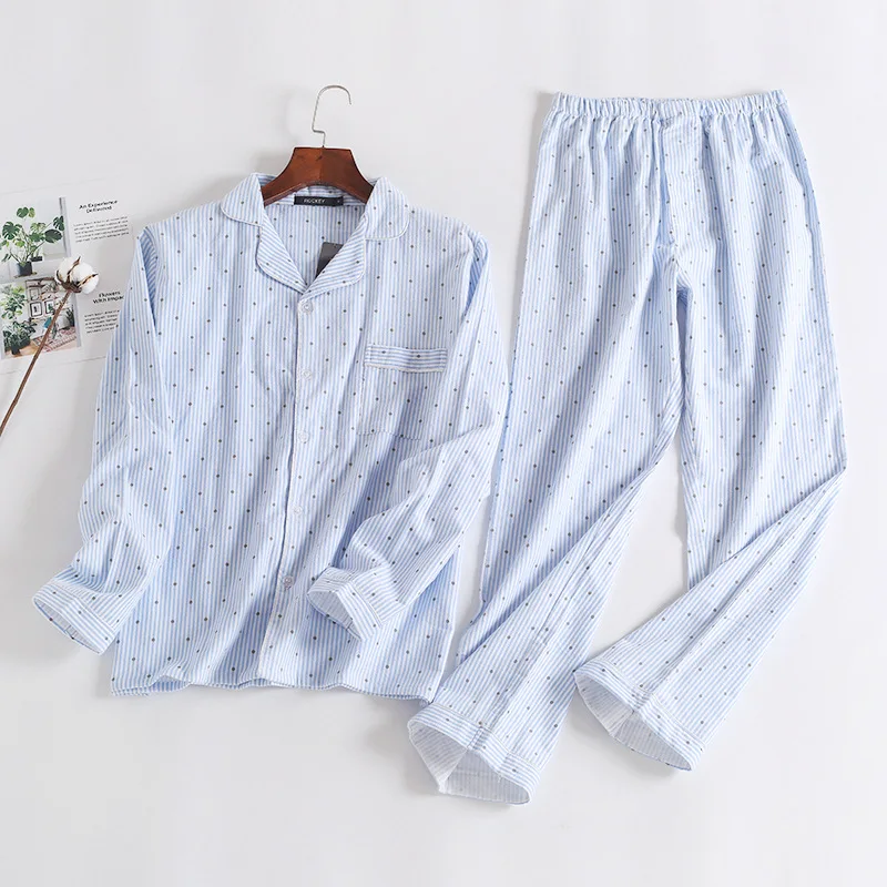 Women Long Sleeve Cute Casual Pajamas Korean Loose Striped Housewear Suits Autumn and Winter Cotton Sleepwear Couple Home Pj Set