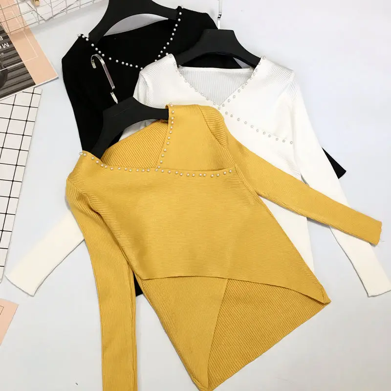 

Spring New Beaded V-Neck Irregular Cross Umbilical Knitted Shirt Women's Short Turtleneck Top Backing Shirt Sweater